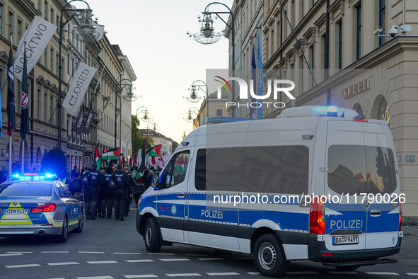 Police take action at a pro-Palestinian demonstration in Munich, Germany, on November 16, 2024 