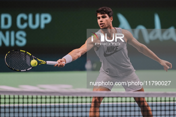 Carlos Alcaraz of Team Spain during Spain's training session prior to the Davis Cup match at Palacio de Deportes Jose Maria Martin Carpena o...