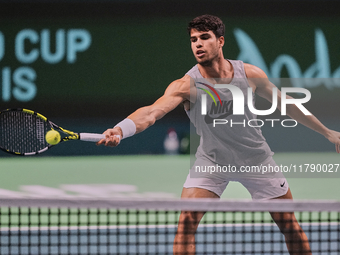 Carlos Alcaraz of Team Spain during Spain's training session prior to the Davis Cup match at Palacio de Deportes Jose Maria Martin Carpena o...