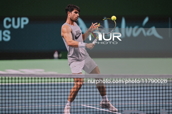 Carlos Alcaraz of Team Spain during Spain's training session prior to the Davis Cup match at Palacio de Deportes Jose Maria Martin Carpena o...