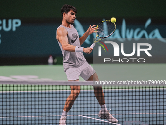 Carlos Alcaraz of Team Spain during Spain's training session prior to the Davis Cup match at Palacio de Deportes Jose Maria Martin Carpena o...