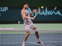 Carlos Alcaraz of Team Spain during Spain's training session prior to the Davis Cup match at Palacio de Deportes Jose Maria Martin Carpena o...