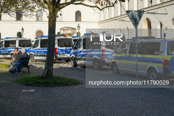 Police with numerous vehicles are on standby to secure a pro-Palestinian demonstration in Munich, Germany, on November 16, 2024 