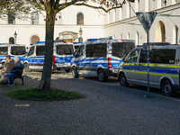 Police with numerous vehicles are on standby to secure a pro-Palestinian demonstration in Munich, Germany, on November 16, 2024 (