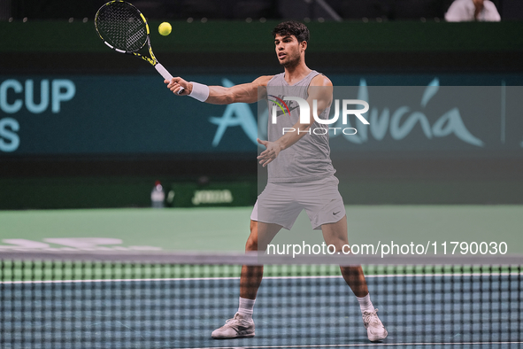 Carlos Alcaraz of Team Spain during Spain's training session prior to the Davis Cup match at Palacio de Deportes Jose Maria Martin Carpena o...