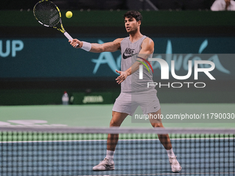 Carlos Alcaraz of Team Spain during Spain's training session prior to the Davis Cup match at Palacio de Deportes Jose Maria Martin Carpena o...