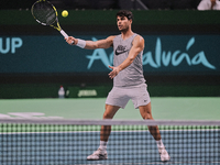 Carlos Alcaraz of Team Spain during Spain's training session prior to the Davis Cup match at Palacio de Deportes Jose Maria Martin Carpena o...