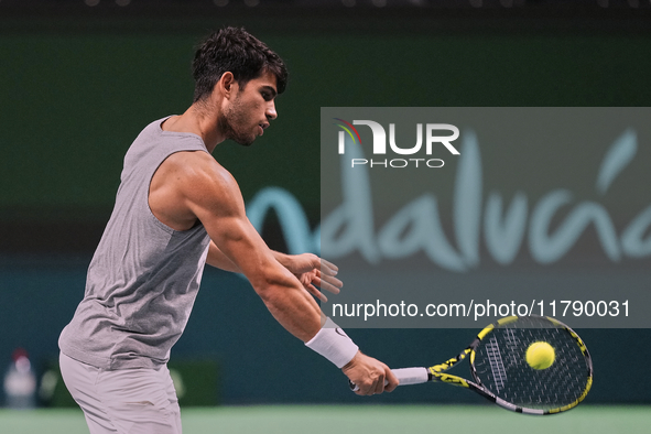 Carlos Alcaraz of Team Spain during Spain's training session prior to the Davis Cup match at Palacio de Deportes Jose Maria Martin Carpena o...