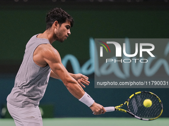 Carlos Alcaraz of Team Spain during Spain's training session prior to the Davis Cup match at Palacio de Deportes Jose Maria Martin Carpena o...