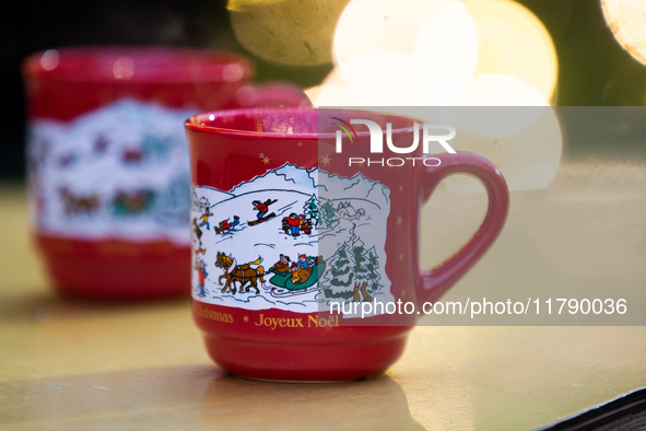 Gluhwein glasses are seen at Cologne Christmas in front of Dam Cathedral in Cologne, Germany, on November 18, 2024. 