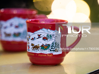 Gluhwein glasses are seen at Cologne Christmas in front of Dam Cathedral in Cologne, Germany, on November 18, 2024. (