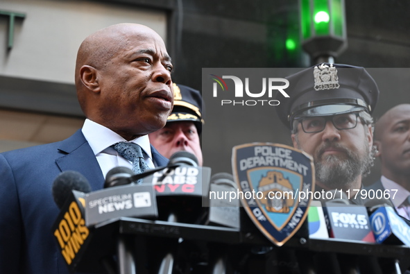 A press conference takes place with the Mayor of New York City, Eric Adams, Interim Police Commissioner of the NYPD, Tom Donlon, and Officer...