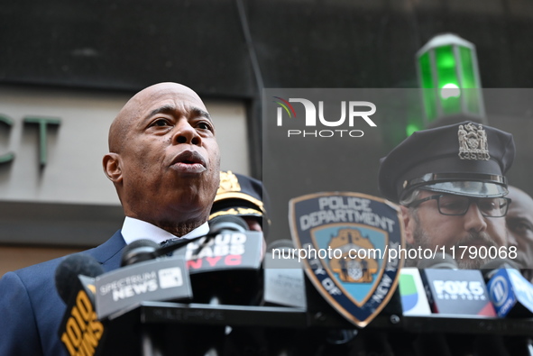 A press conference takes place with the Mayor of New York City, Eric Adams, Interim Police Commissioner of the NYPD, Tom Donlon, and Officer...