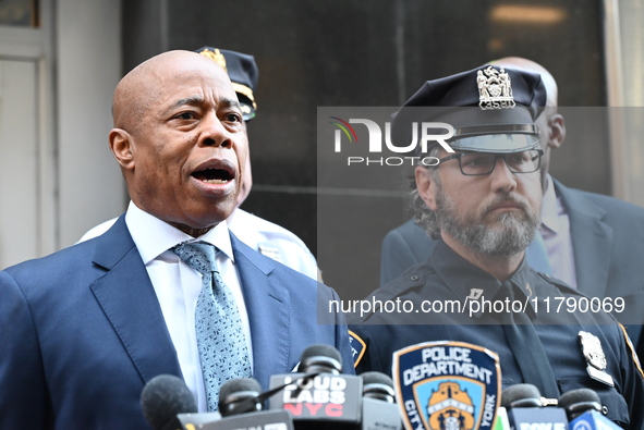 A press conference takes place with the Mayor of New York City, Eric Adams, Interim Police Commissioner of the NYPD, Tom Donlon, and Officer...