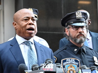 A press conference takes place with the Mayor of New York City, Eric Adams, Interim Police Commissioner of the NYPD, Tom Donlon, and Officer...