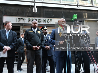 A press conference takes place with the Mayor of New York City, Eric Adams, Interim Police Commissioner of the NYPD, Tom Donlon, and Officer...