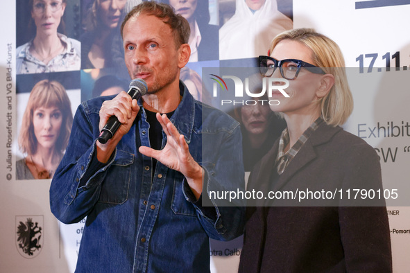 Cate Blanchett and director Julian Rosefeldt attend the opening of 'Manifesto' exhibition by Julian Rosefeldt in the Centre Of Contemporary...