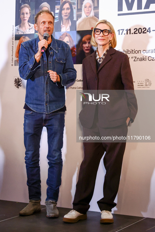 Cate Blanchett and director Julian Rosefeldt attend the opening of 'Manifesto' exhibition by Julian Rosefeldt in the Centre Of Contemporary...