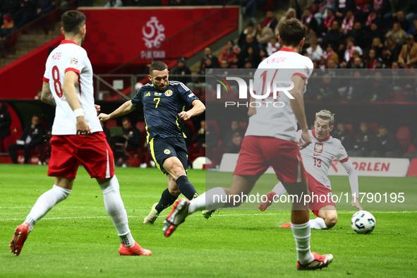 John McGinn scores his goal during UEFA Nations League match Poland - Scotland at National Stadium in Warsaw, Poland on November 18, 2024. 