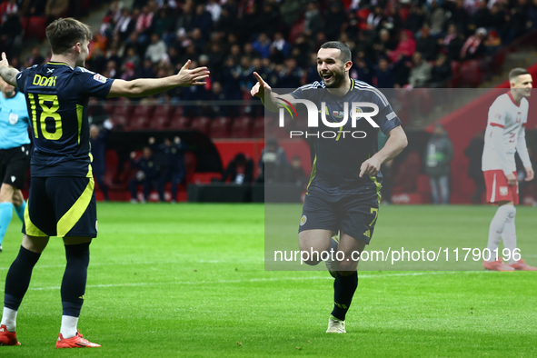 John McGinn celebrates his goal during UEFA Nations League match Poland - Scotland at National Stadium in Warsaw, Poland on November 18, 202...