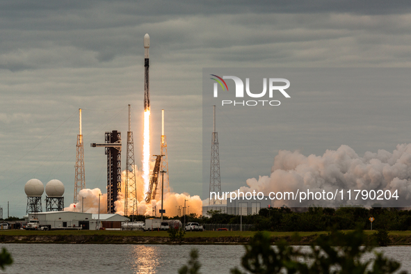 A SpaceX Falcon 9 rocket launches from Complex 40 at the Cape Canaveral Space Force Station, carrying the GSAT-20 satellite for New Space In...