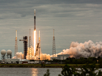 A SpaceX Falcon 9 rocket launches from Complex 40 at the Cape Canaveral Space Force Station, carrying the GSAT-20 satellite for New Space In...