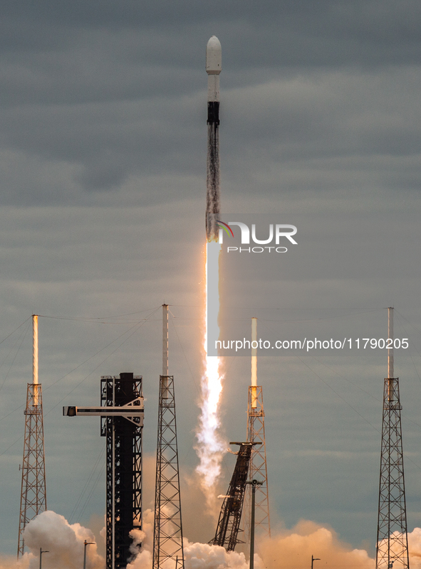 A SpaceX Falcon 9 rocket launches from Complex 40 at the Cape Canaveral Space Force Station, carrying the GSAT-20 satellite for New Space In...