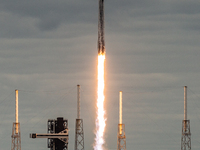 A SpaceX Falcon 9 rocket launches from Complex 40 at the Cape Canaveral Space Force Station, carrying the GSAT-20 satellite for New Space In...