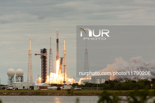 A SpaceX Falcon 9 rocket launches from Complex 40 at the Cape Canaveral Space Force Station, carrying the GSAT-20 satellite for New Space In...