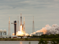 A SpaceX Falcon 9 rocket launches from Complex 40 at the Cape Canaveral Space Force Station, carrying the GSAT-20 satellite for New Space In...