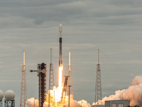 A SpaceX Falcon 9 rocket launches from Complex 40 at the Cape Canaveral Space Force Station, carrying the GSAT-20 satellite for New Space In...