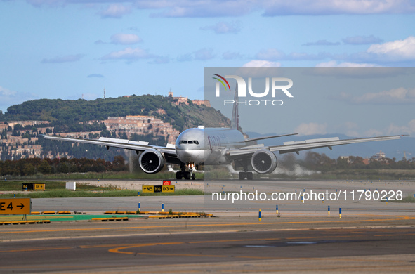 A Boeing 777-3DZ(ER) from Qatar Airways lands at Barcelona-El Prat Airport and heads towards the terminal in Barcelona, Spain, on October 8,...