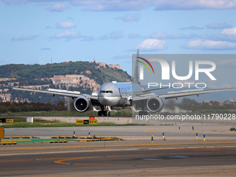 A Boeing 777-3DZ(ER) from Qatar Airways lands at Barcelona-El Prat Airport and heads towards the terminal in Barcelona, Spain, on October 8,...