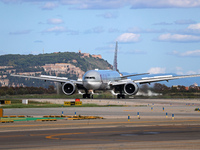 A Boeing 777-3DZ(ER) from Qatar Airways lands at Barcelona-El Prat Airport and heads towards the terminal in Barcelona, Spain, on October 8,...