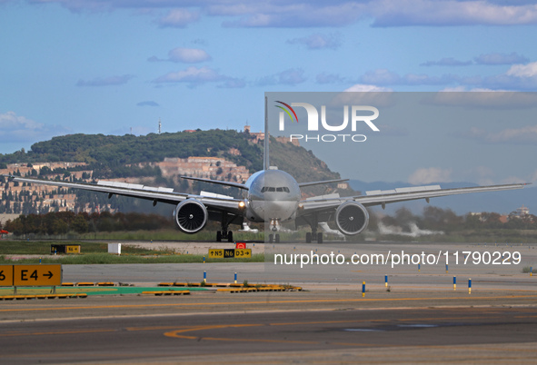 A Boeing 777-3DZ(ER) from Qatar Airways lands at Barcelona-El Prat Airport and heads towards the terminal in Barcelona, Spain, on October 8,...