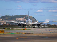 A Boeing 777-3DZ(ER) from Qatar Airways lands at Barcelona-El Prat Airport and heads towards the terminal in Barcelona, Spain, on October 8,...