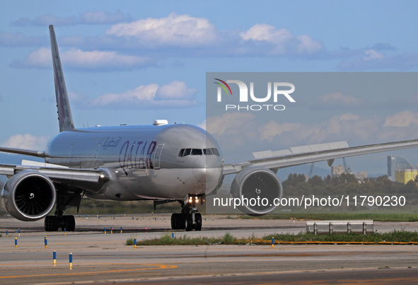 A Boeing 777-3DZ(ER) from Qatar Airways lands at Barcelona-El Prat Airport and heads towards the terminal in Barcelona, Spain, on October 8,...