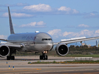 A Boeing 777-3DZ(ER) from Qatar Airways lands at Barcelona-El Prat Airport and heads towards the terminal in Barcelona, Spain, on October 8,...