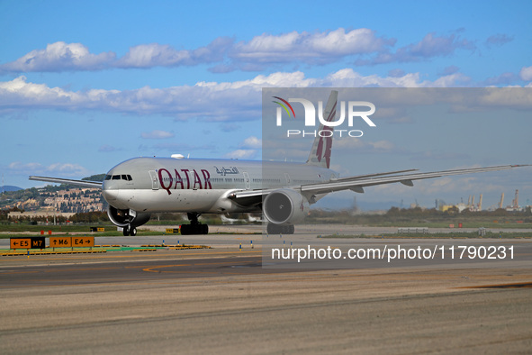 A Boeing 777-3DZ(ER) from Qatar Airways lands at Barcelona-El Prat Airport and heads towards the terminal in Barcelona, Spain, on October 8,...