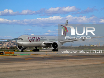 A Boeing 777-3DZ(ER) from Qatar Airways lands at Barcelona-El Prat Airport and heads towards the terminal in Barcelona, Spain, on October 8,...