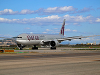 A Boeing 777-3DZ(ER) from Qatar Airways lands at Barcelona-El Prat Airport and heads towards the terminal in Barcelona, Spain, on October 8,...