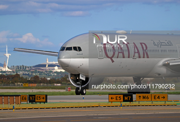 A Boeing 777-3DZ(ER) from Qatar Airways lands at Barcelona-El Prat Airport and heads towards the terminal in Barcelona, Spain, on October 8,...