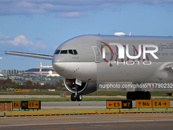 A Boeing 777-3DZ(ER) from Qatar Airways lands at Barcelona-El Prat Airport and heads towards the terminal in Barcelona, Spain, on October 8,...