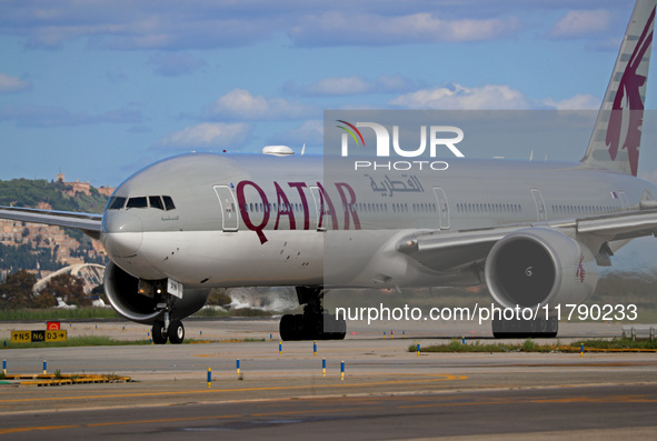 A Boeing 777-3DZ(ER) from Qatar Airways lands at Barcelona-El Prat Airport and heads towards the terminal in Barcelona, Spain, on October 8,...