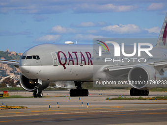 A Boeing 777-3DZ(ER) from Qatar Airways lands at Barcelona-El Prat Airport and heads towards the terminal in Barcelona, Spain, on October 8,...