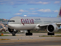 A Boeing 777-3DZ(ER) from Qatar Airways lands at Barcelona-El Prat Airport and heads towards the terminal in Barcelona, Spain, on October 8,...