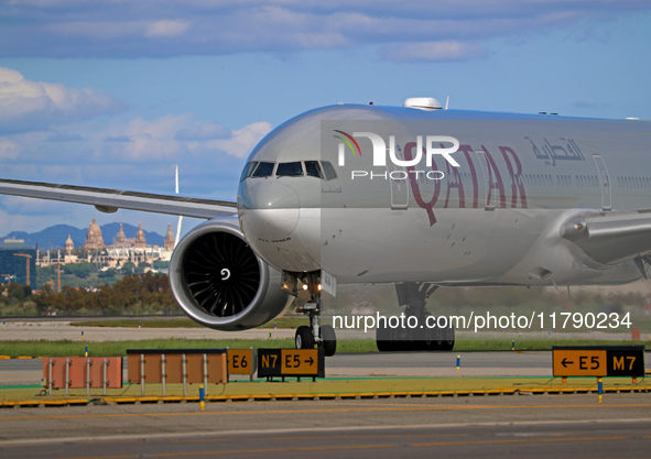 A Boeing 777-3DZ(ER) from Qatar Airways lands at Barcelona-El Prat Airport and heads towards the terminal in Barcelona, Spain, on October 8,...