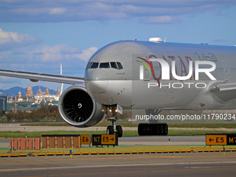 A Boeing 777-3DZ(ER) from Qatar Airways lands at Barcelona-El Prat Airport and heads towards the terminal in Barcelona, Spain, on October 8,...