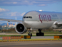 A Boeing 777-3DZ(ER) from Qatar Airways lands at Barcelona-El Prat Airport and heads towards the terminal in Barcelona, Spain, on October 8,...