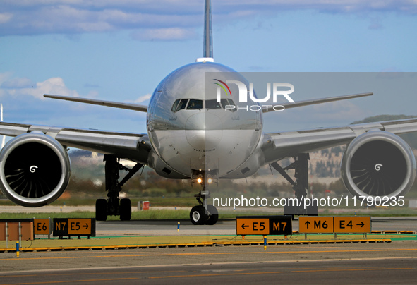 A Boeing 777-3DZ(ER) from Qatar Airways lands at Barcelona-El Prat Airport and heads towards the terminal in Barcelona, Spain, on October 8,...